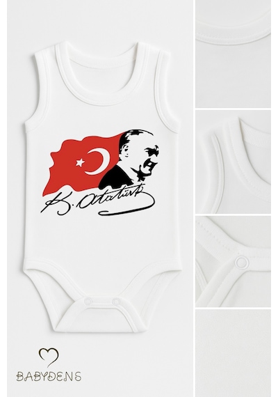 Babyden's 3 Lü Atatürk Temalı Bebek Body Seti %100 Pamuk Kolsuz Çıtçıtlı Zıbın Yenidoğan & Bebek Body Takımı Beyaz