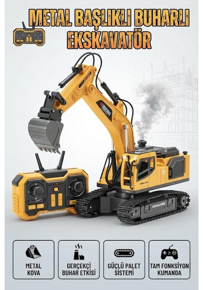 Metal Başlıklı Buharlı 1:18 Ölçekli Uzaktan Kumandalı 10 Fonksiyonlu 2.4 Ghz Oyuncak Ekskavatör Sarı