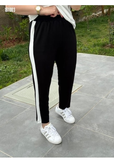 Efnaz Style Kadın Kısa Kollu Modal Dokulu Kumaş Yanı Şeritli Takım Siyah