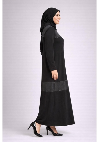 Hira Life Fashion Kadın Önü Desenli Taş Detaylı Düz Tessetür Elbise Siyah Siyah