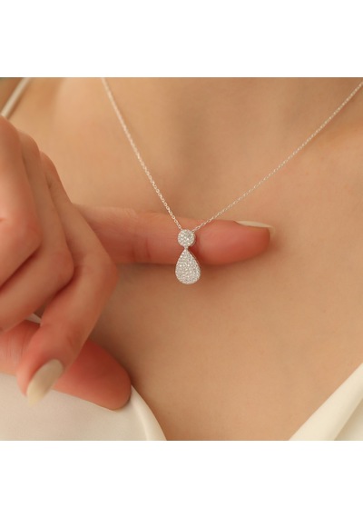 925 Ayar Gümüş Işıltılı Beyaz Taşlı Drop Kolye