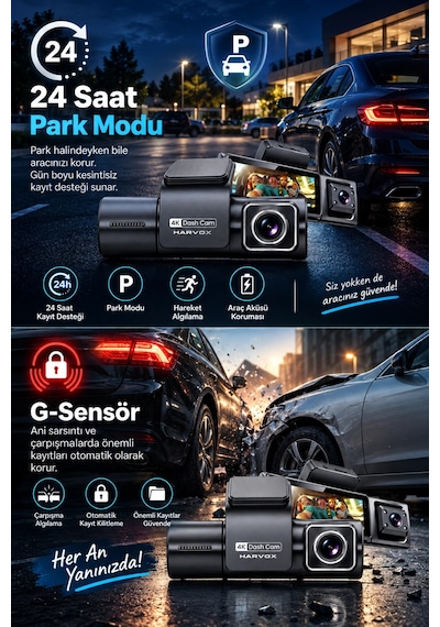 Harvox 4k Max 3 Kameralı Araç Kamerası Wifi Gps Adas Bsd 24 Saat Park Modu Gece Görüşü