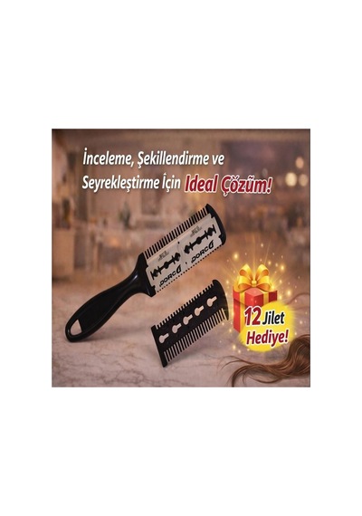 Saç Seyreltme Jiletli Tarak Profesyonel Saç Kesim Ve Şekillendirme Aparatı, 12 Jilet Hediye
