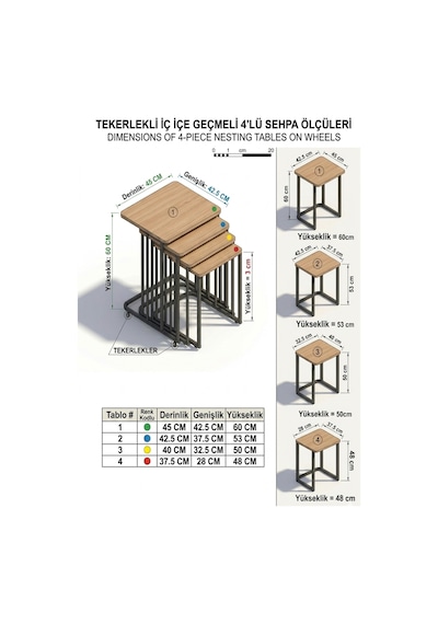 Usta Mekan Orkide Tekerlekli 4 Lü Zigon Sehpa Gümüş- Beyaz Mdf Zigon Sehpa