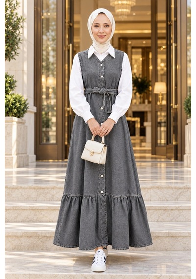 Hb Harma Time Butik Kadın Düğmeli Kuşaklı Eteği Fırfırlı Gri Kot Jile Gri Gri