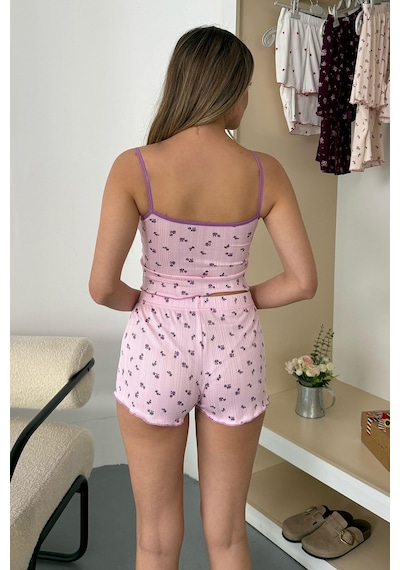 Giysa Kadın Askılı Kaplı Çiçek Desenli Şortlu Pijama Takımı Pembe Mor - 3403 Giysa Kadın Askılı Kaplı Çiçek Desenli Şortlu Pijama Takımı Pembe Mor - 3403