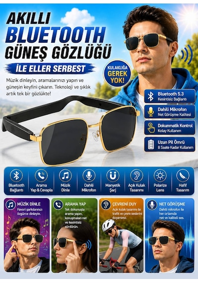 Yh Hy 0532 Gold Çerçeveli Siyah Akıllı Güneş Gözlüğü Polarize Çift Hoparlör Tws Gözlük Müzik Çağrı