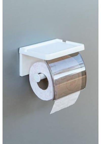 Yapışkanlı Kapaklı Tuvalet Kağıdı Askısı Banyo Tuvalet Kağıtlığı Aparatı Peçetelik Organizer Plastik, Beyaz 16.5 x 12.2 x 11.2 CM