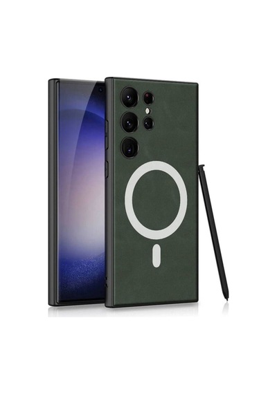 Galaxy S24 Ultra Kılıf M-safe Şarj Özellikli Deri Tasarımlı Zore Kıpta Nubuk Kapak Yeşil