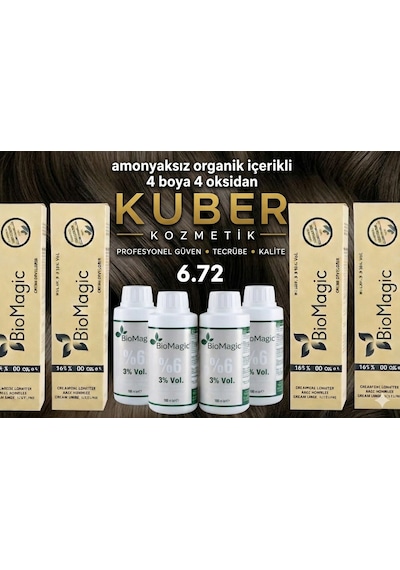 Biomagic 6.72 Küllü Koyu Kumral Organik İçerikli Amonyaksız Kalıcı Kokusuz Saç Boyası 4 Boya+ 4 Oksidan