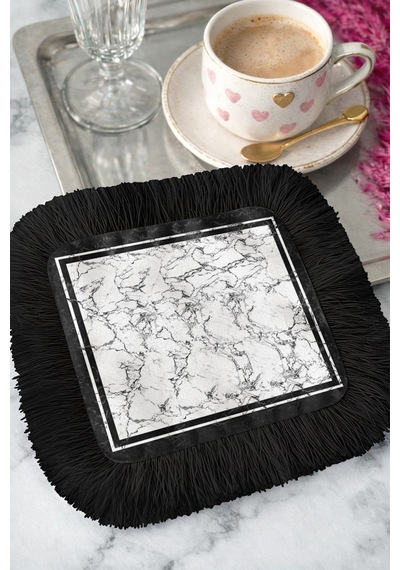 Mermer Efektli Lüks Saçaklı Dekoratif Kumaş Peçete - Modern Siyah Beyaz Bardak Altlığı Mendil Çok Renkli