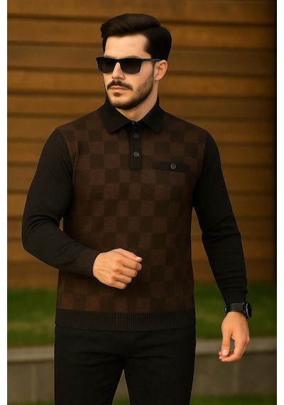 Kemal Ekinci Polo Yakalı Cepli Kazak Kahverengi