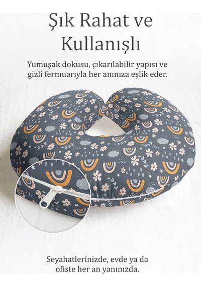 Gökkuşağı Bulut Çiçek Desenli Boyun Yastığı - Pastel Gri Sarı Yumuşak Seyahat Yastığı Çok Renkli