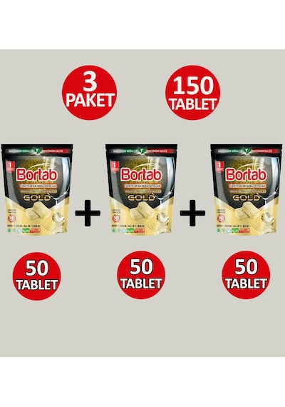 Bortab Gold Bulaşık Makinesi Tableti 3 x 50 Tablet