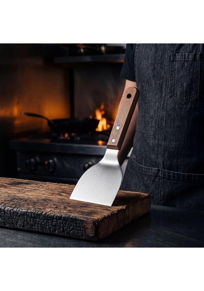 Ahşap Saplı Paslanmaz Çelik Spatula 24cm Eğilimli Çok Amaçlı Mutfak Spatulası Izgara, Burger, Sebze, Temizlik İçin Profesyonel Metal Spatula