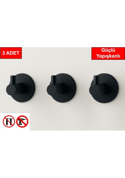 3 Adet Yuvarlak Plastik Güçlü Yapışkanlı Kancalı Çok Amaçlı Askılık Kapı Arkası Bornoz Askılığı Siya Diğer