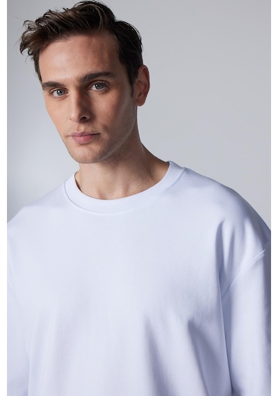 Tudors Unisex Oversize Geniş Kesim Pamuklu Yumuşak Dokulu Basic Bisiklet Yaka Beyaz Tişört-30842-beyaz Beyaz