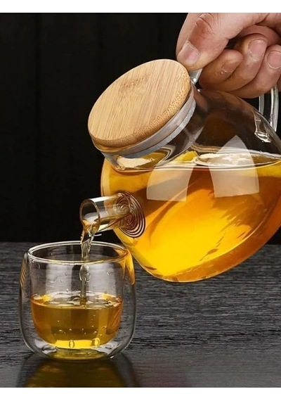 Vakumlu Bambu Kapaklı Isıya Dayanıklı Borosilikat Cam Demlik, Süzgeçli 1000 Ml Teapot.deconox Vakumlu Bambu Ka Diğer