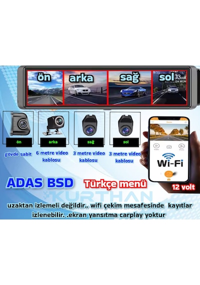 4 Kameralı Dvr Ayna Monitör 128 Gb 12 Volt Adas-bsd
