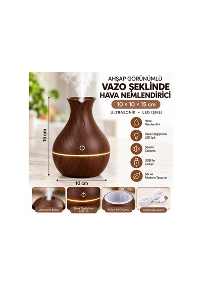 Ahşap Görünümlü Ultrasonik Hava Nemlendirici Aroma Difüzör Led Işıklı Usb Vazo Koyu Kayve-şarjlıı
