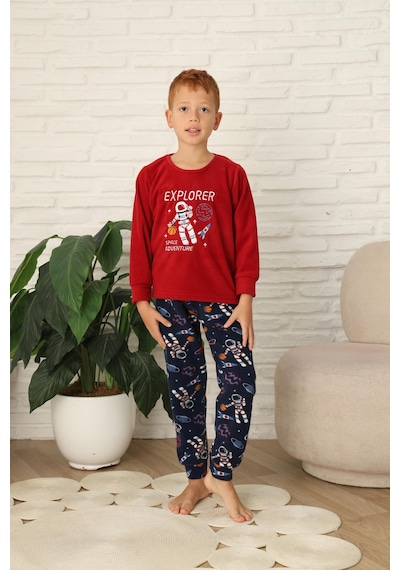 Yeni Stil Sonbahar/kış Erkek Çocuk Uzay Figür Astronot Desen Polar Pijama Takımı 4565 Kırmızı