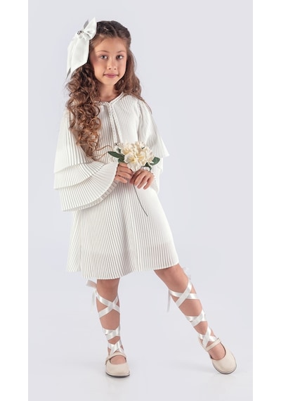 Kız Çocuk Krep Plise Elbise Mnk0595 Beyaz