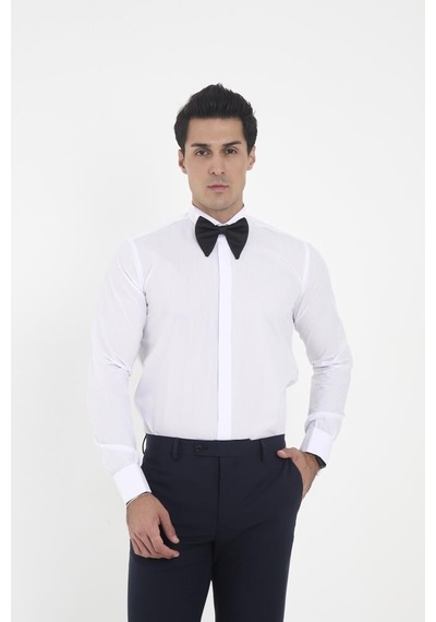 Brianze Beyaz Ata Yaka Damatlık Slim Fit Gömlek Kol Düğmesi Hediye Beyaz