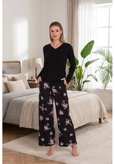 Go İthalat Kadın Şık Tasarım Çiçek Desenli Geniş Paçalı Yumuşak Dokulu Viskon Kumaş V Yaka 2'li Pijama Takımı Siyah