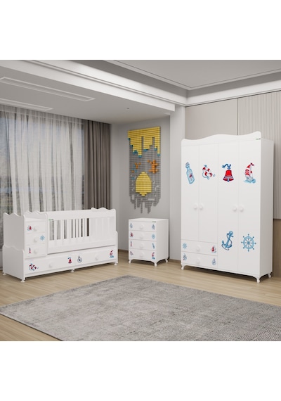 Melina Bebek Odası Yıldız 4 Kapaklı Ve Şifonyer - Denizci Beyaz
