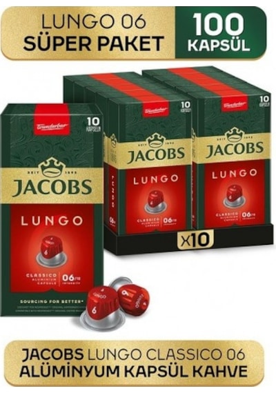Jacobs Lungo 6 Classic Nespresso Uyumlu Kapsül Kahve 10 Lu X 10 PKT.JACOBS.021 Kapsül Kahve