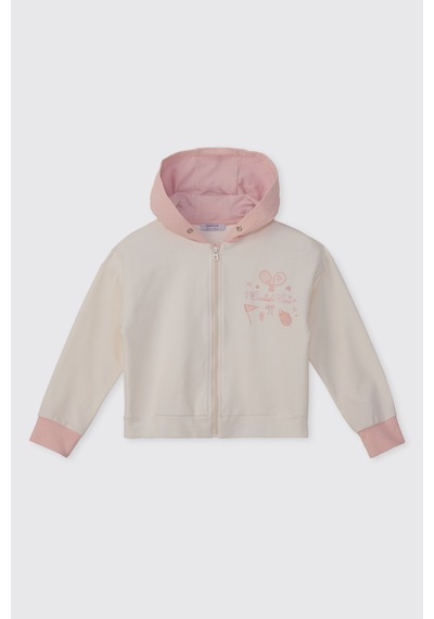 Panço Kız Çocuk Kapüşonlu Fermuarlı Baskılı Ekru Sweatshirt Krem 2621GK08007