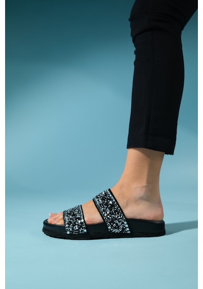 Luvishoes James Siyah Taşlı Çift Bantlı Hakiki Deri Kadın Terlik Siyah