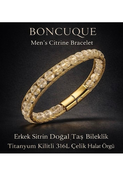 Sitrin Doğal Taş Erkek Bileklik - El Yapımı - Hediye Kutulu Açık Sarı