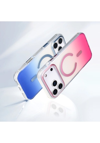 Apple Uyumlu iPhone 17 Pro Kılıf Transparan Renk Geçişli M-safe Şarj Özellikli Toros Kapak Rose Pembe