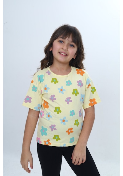 Toontoy Kids Toontoy Kız Çocuk Bisiklet Yaka Kısa Kollu Baskılı Tişört 24980 Açık Sarı