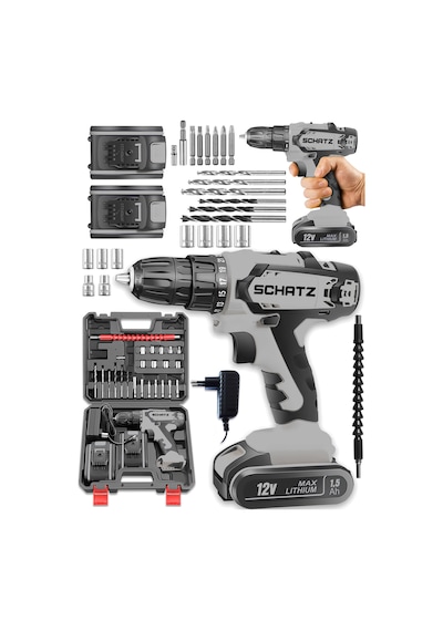 Schatz Pro 12v 1.5 Ah Darbeli Çelik Şanzıman Çift Akülü Bakır Sargılı Şarjlı Vidalama Matkap 24 Parça Gri -