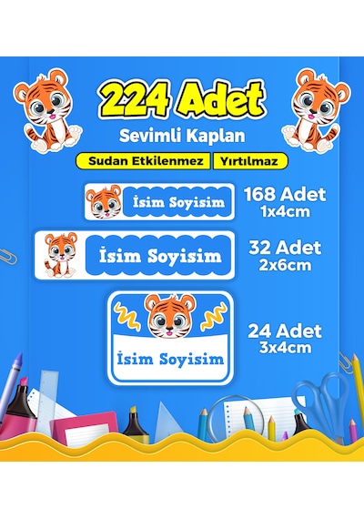 Sevimli Kaplan Temalı Okul Kreş Kişiye Özel İsim Etiket Seti - Model 145 Çok Renkli