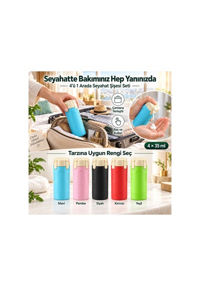 4 Hazneli Seyahat Kiti - Makyaj Serum Diş Macunu Şampuan El Kremi Seyahat Kutusu - Kırmızı Makyaj & Takı Organizeri Diğer