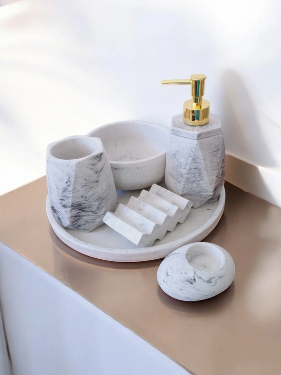 6'lı Mermer Desenli Beton Banyo Seti Sıvı Sabunluk Diş Fırçalığı Aksesuar Takımı Gri