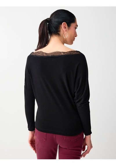 Jimmy Key Siyah Kayık Yaka Uzun Kollu Dantel Detaylı Örme Bluz 6sw035531900