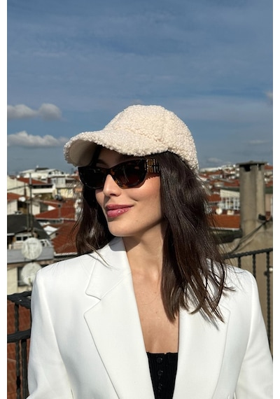 Mollycrush Kadın Teddy Dokulu Kışlık Kadın Vizör Şapka Yumuşak Kuzu Kürk Görünümlü Model Beyaz