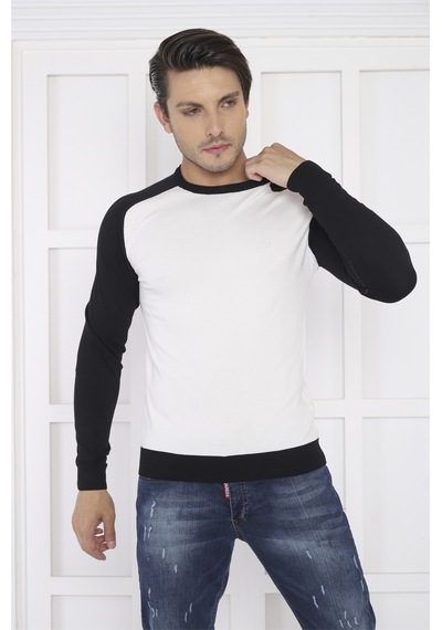 Escetic Erkek Spor Slimfit Beyaz Bisiklet Yaka Triko Örme Kumaş Kazak-428 Beyaz