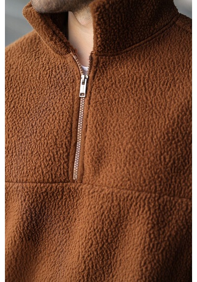 Madmext Kahverengi Yarım Fermuarlı Dik Yaka Polar Sweatshirt E7165 Kahverengi