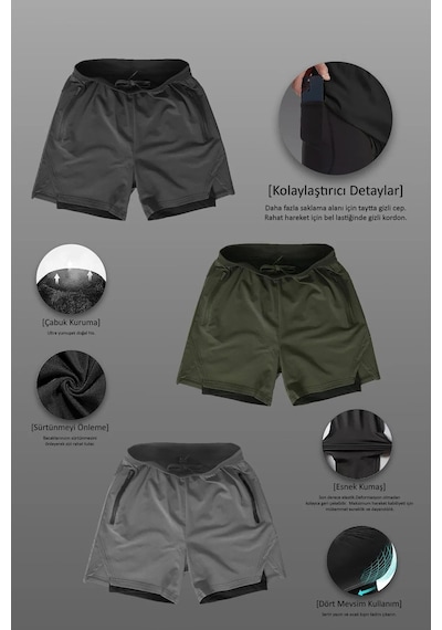 Nature The Brand 3 Lü Paket Unisex Gym Ve Fitness Astarlı Taytlı Şort Gizli Cep Detaylı Karışık Renkler