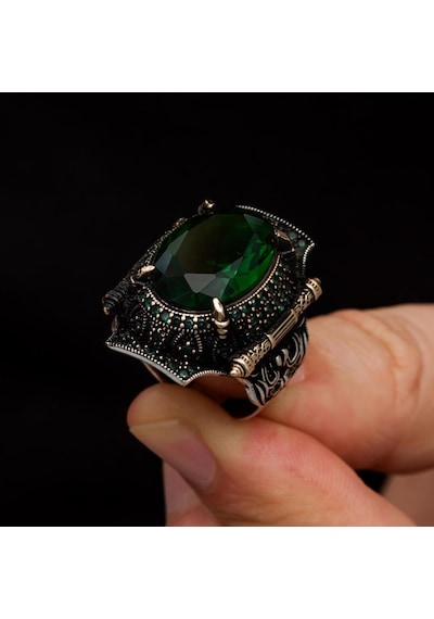 Yeşil Taşlı Oval 925 Gümüş Erkek Yüzük Beyaz