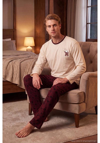 Buratti Baskılı Pamuklu Bisiklet Yaka Uzun Kollu Pijama Takımı Erkek Pijama Takımı 6575004 Bordo