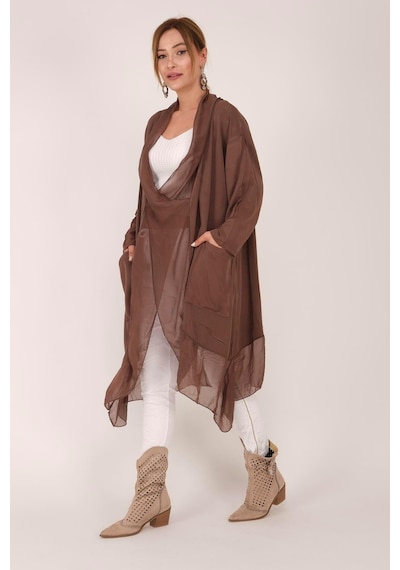 Bohem Stil Italyan Ipek Detaylı Oversize Kaftan & Bluz-8711 Kahverengi