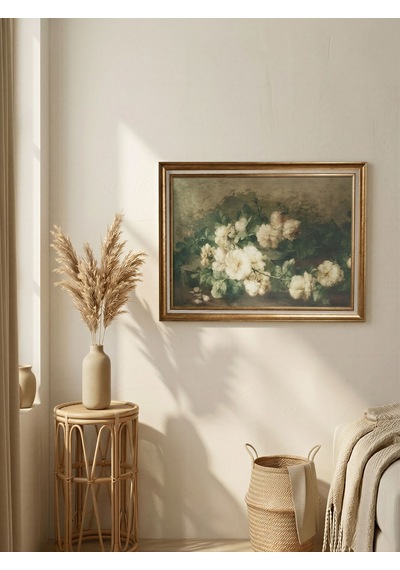 Gold Çerçeveli Vintage Dekoratif Beyaz Gül Tablo 60x80 Cm