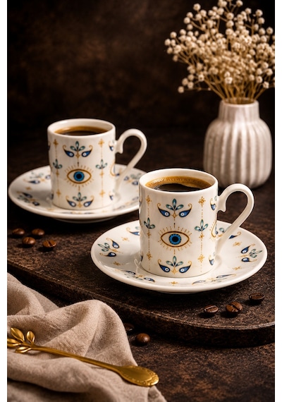2 Kişilik Porselen Nazar Göz Kahve Fincan Takımı Seti 90ml Beyaz