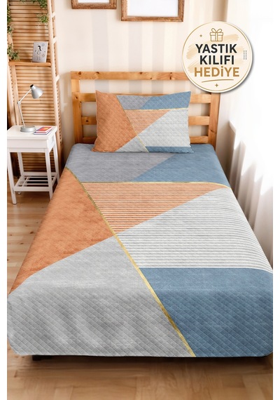 Mavi Geometrik Modern Genç Odası Tek Kişilik Pike Takımı-gri Çizgili Tarçın 160x220 Cm Yatak Örtüsü Kırık Koru Ufku